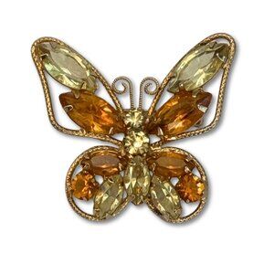 Vintage Butterfly Brooch Amber Citrine Rhinestones Gold Tone Juliana D&E Style